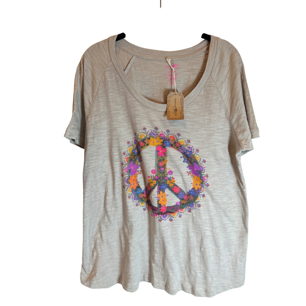 Natural Life Floral Peace Sign Graphic Tee Gray Slub Knit T-Shirt XL NEW